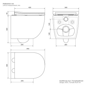 Technische Zeichnung Wand-WC LuxeBath, spülrandlos, kurze Ausführung mit Tornado-Spülung, Maße in mm.