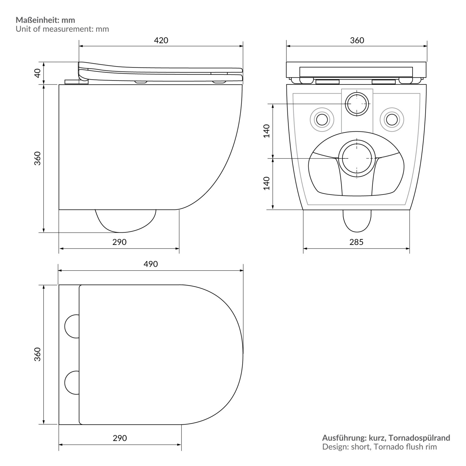 Technische Zeichnung Wand-WC LuxeBath, spülrandlos, kurze Ausführung mit Tornado-Spülung, Maße in mm.