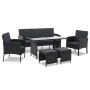 Schwarze Juskys Polyrattan Gartenmöbel Sitzgruppe Turin mit Tisch, Bank, Stühlen und Hockern.
