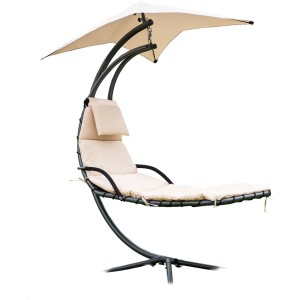 Home Deluxe Schwebeliege San Remo in Anthrazit-Beige mit Sonnendach und Polsterauflage.