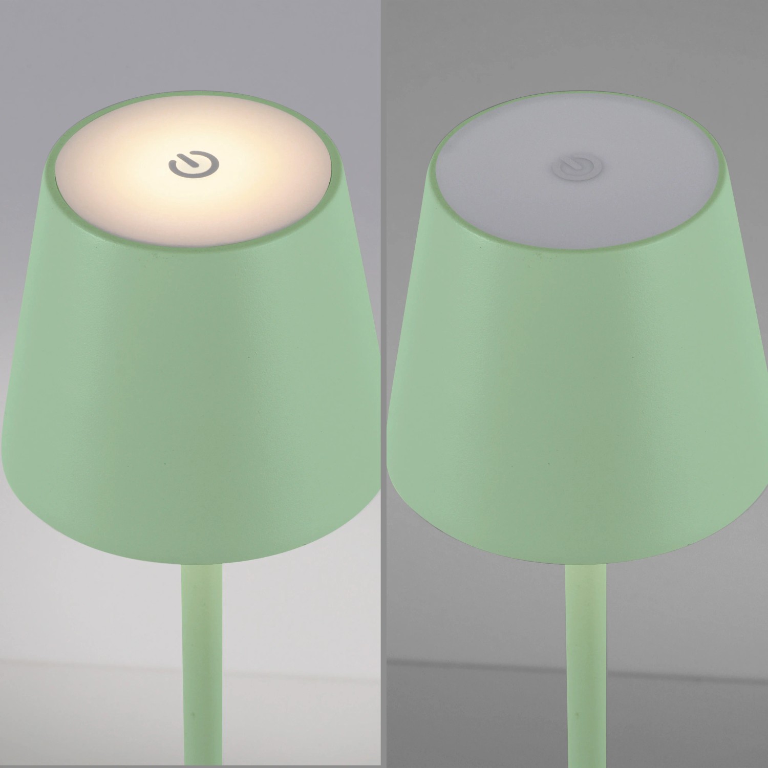 Grüne LED Akku Stehleuchte Euria von Just Light, an- und ausgeschaltet im Detail.