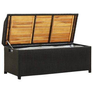 furnicato Sitzbank mit Stauraum, 120 cm, Poly Rattan schwarz, Deckel geöffnet.