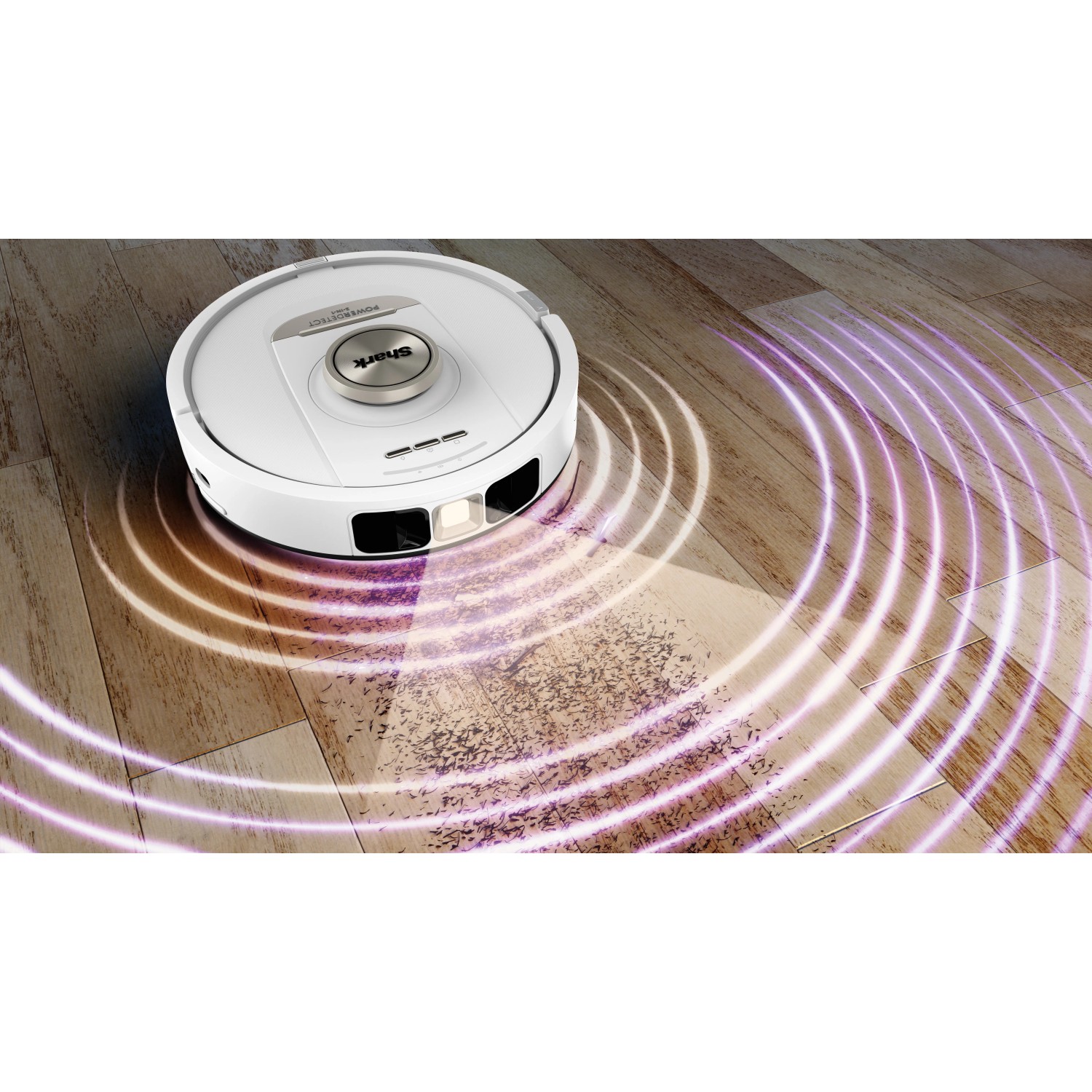 Weißer Shark Saug- und Wischroboter RV2800ZEEUWH bei der Bodenreinigung.