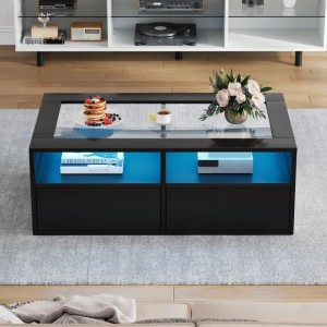 Schwarzer Hochglanz Couchtisch mit Glasplatte, blauer LED-Beleuchtung, zwei Schubladen und offenem Stauraum. Modern.