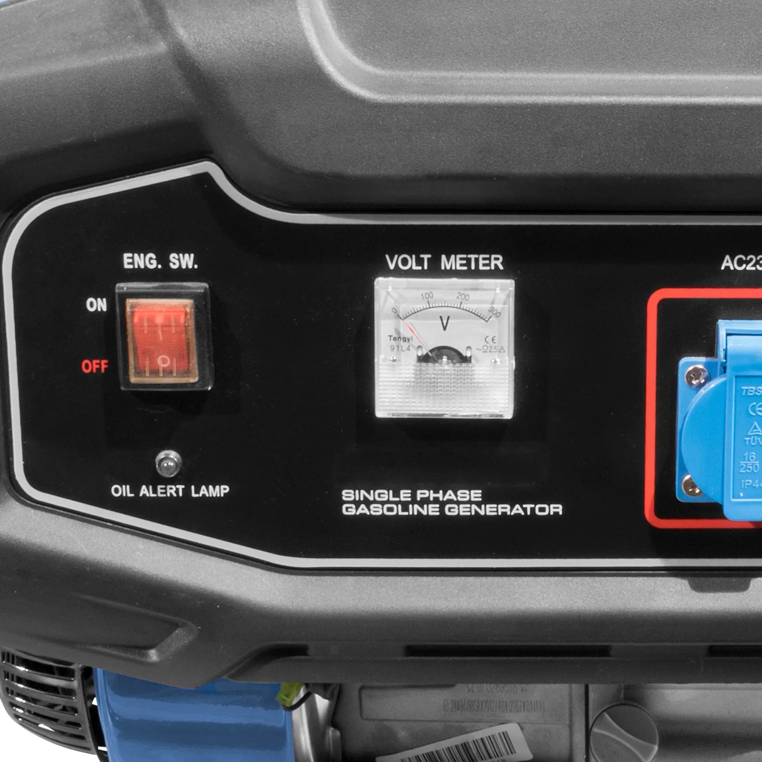 Detailansicht: Güde Stromerzeuger GSE 2701 Benzin mit Voltmeter, Schalter und Ölwarnlampe.