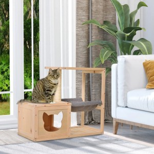 PawHut Katzenhaus mit Hängematte und Katze vor Fenster. Katzenkorb aus Holz mit Kratzbaum.