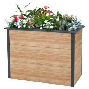 Westmann Metall-Hochbeet Primus-Multi M in Holzoptik/Anthrazit, bepflanzt mit Blumen.