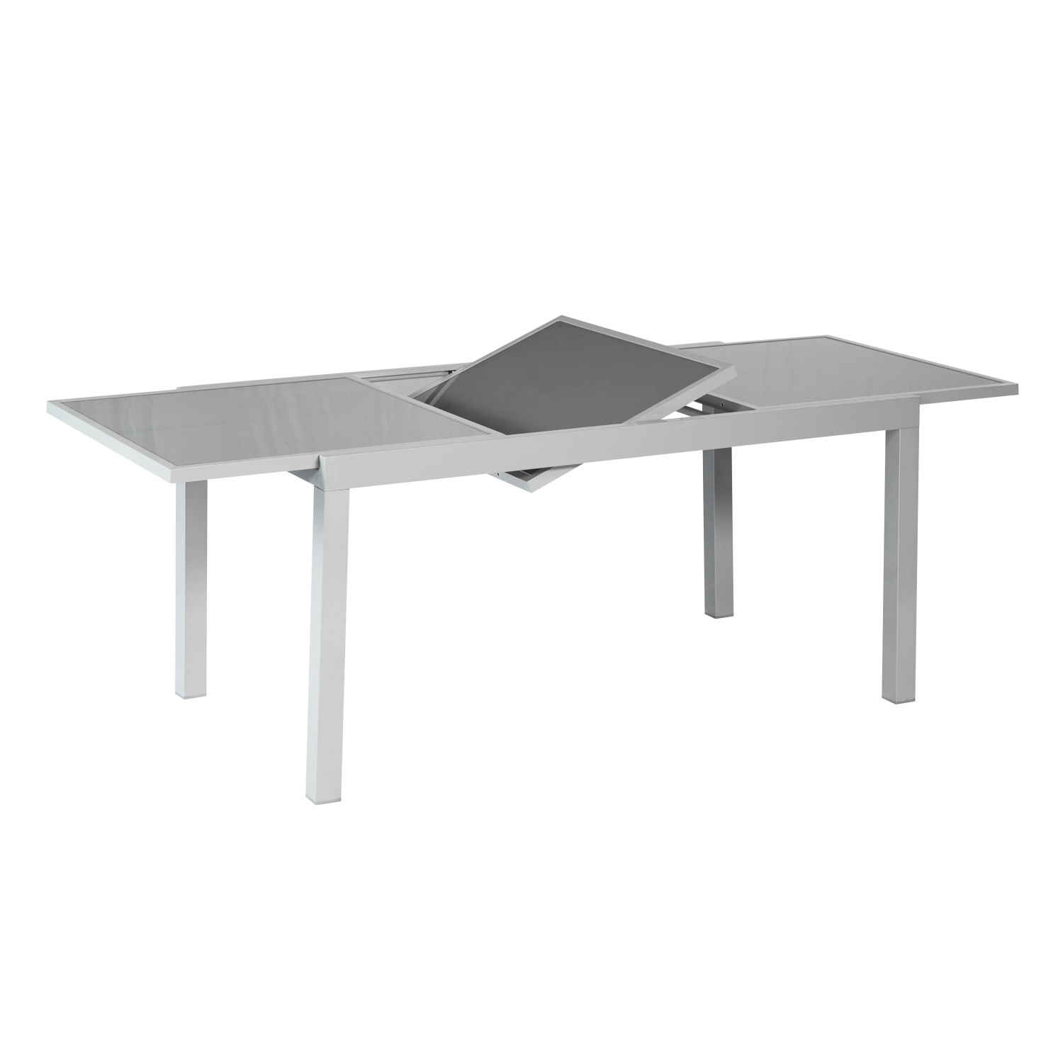 Ausgezogener Gartentisch des Merxx Amalfi Sets mit grauer Glasplatte und Aluminiumgestell.