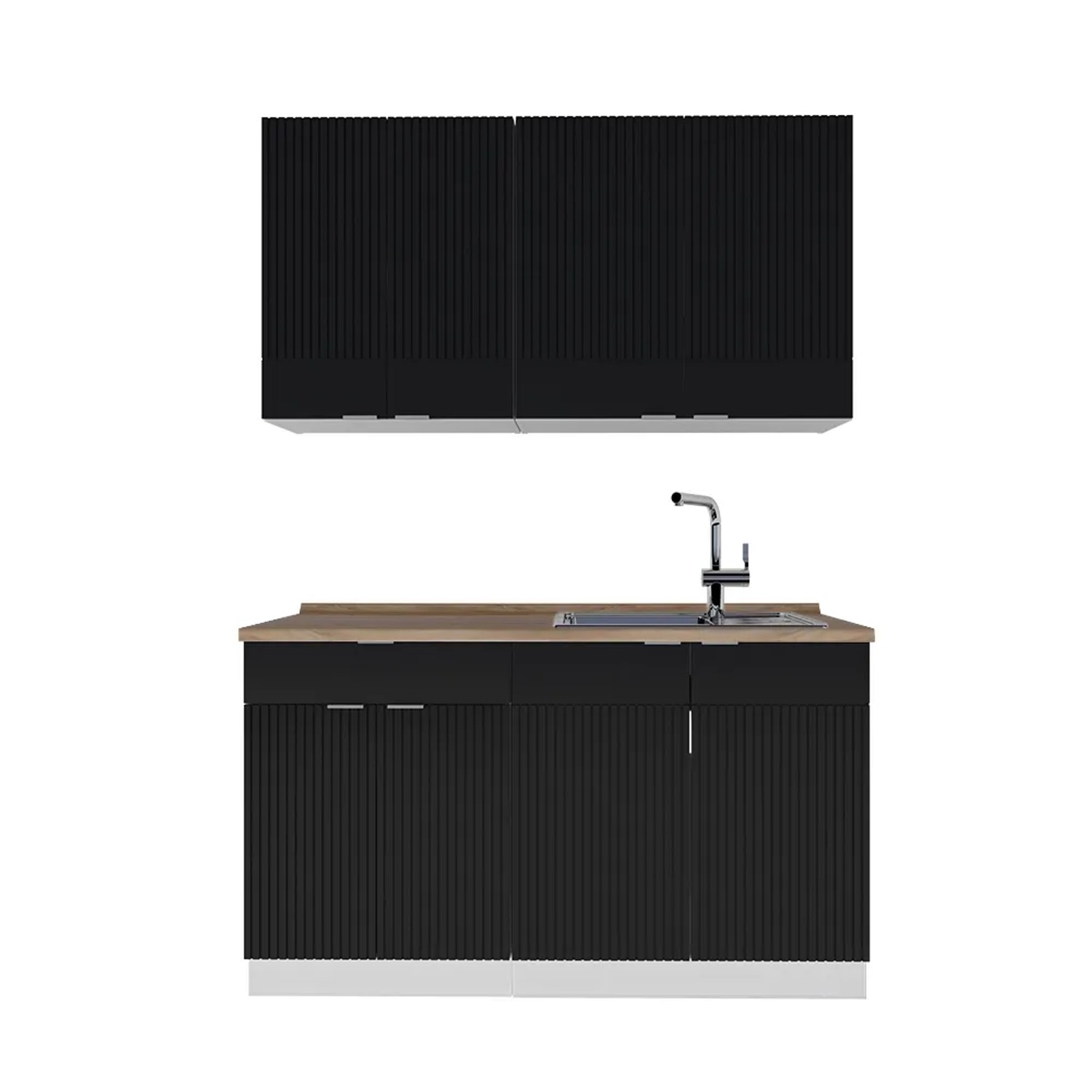 Vicco Fame-Line Singleküche Schwarz gestreift/Weiß 140 cm AP Eiche ohne E-Geräte