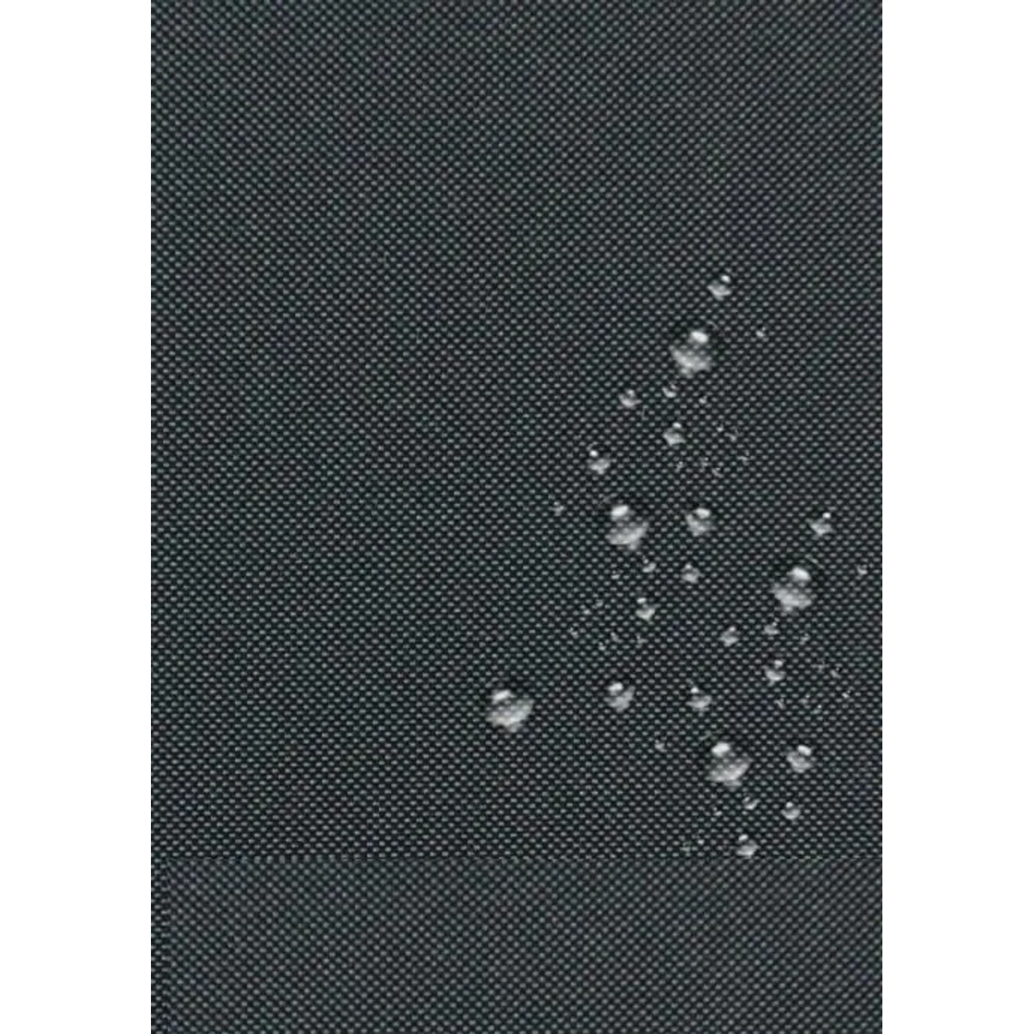 Nahaufnahme des anthrazitfarbenen Palettenkissen-Stoffs mit abperlenden Wassertropfen. Wasserabweisender Bezug für Gartenkissen.
