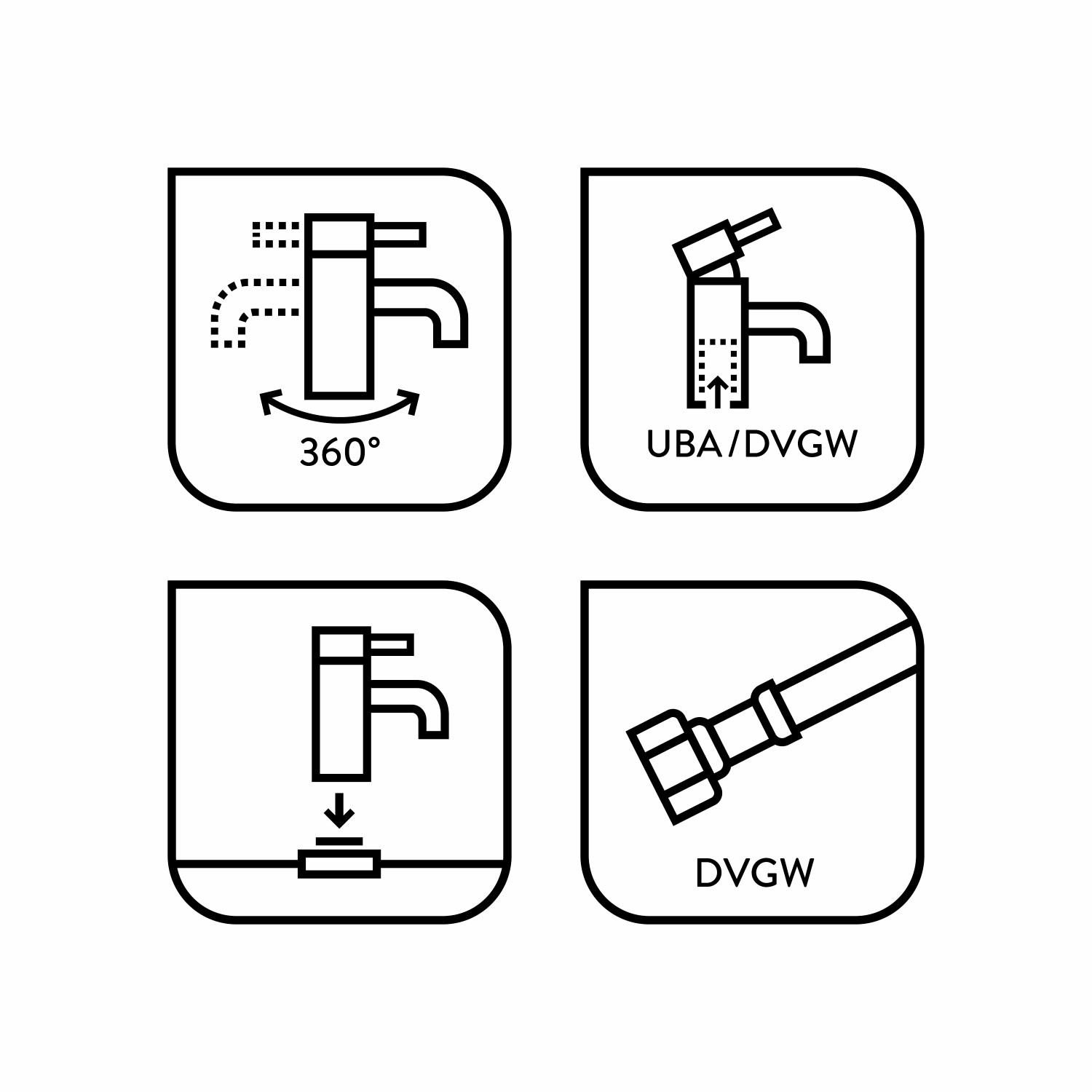 Icons zur baliv Küchenarmatur KI-1150 Chrom: 360° schwenkbar, Montage, UBA/DVGW, Anschlussschlauch.