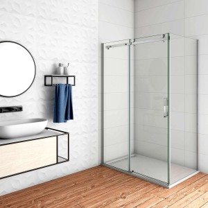 AICA Eckdusche mit Schiebetür, 120x90x195cm, 8mm ESG-Glas, chromglänzender Rahmen. Ohne Duschtasse.
