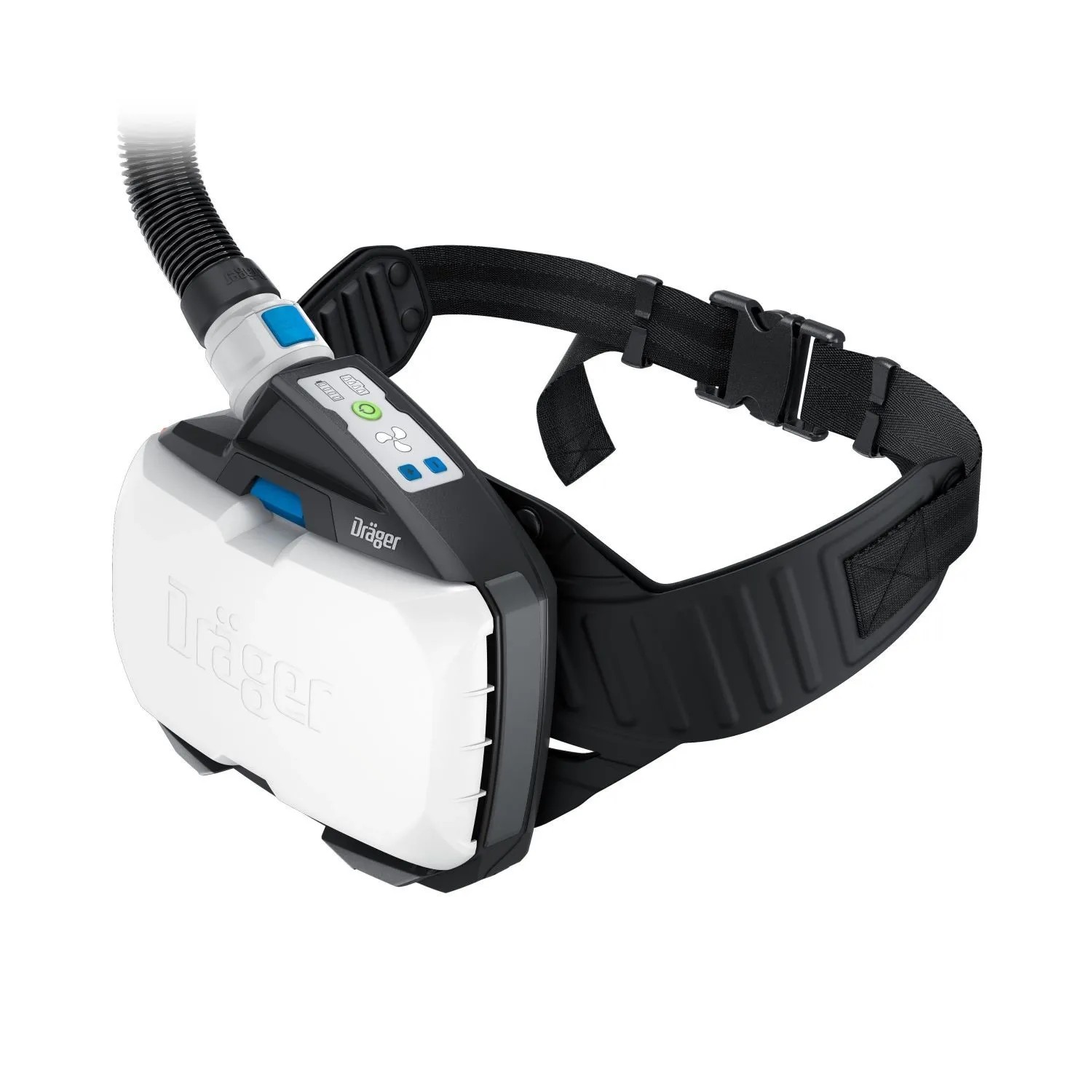 Dräger X-plore 8500 Gebläseeinheit in Weiß-Schwarz mit Schlauchanschluss und Gürtel für Atemschutz.