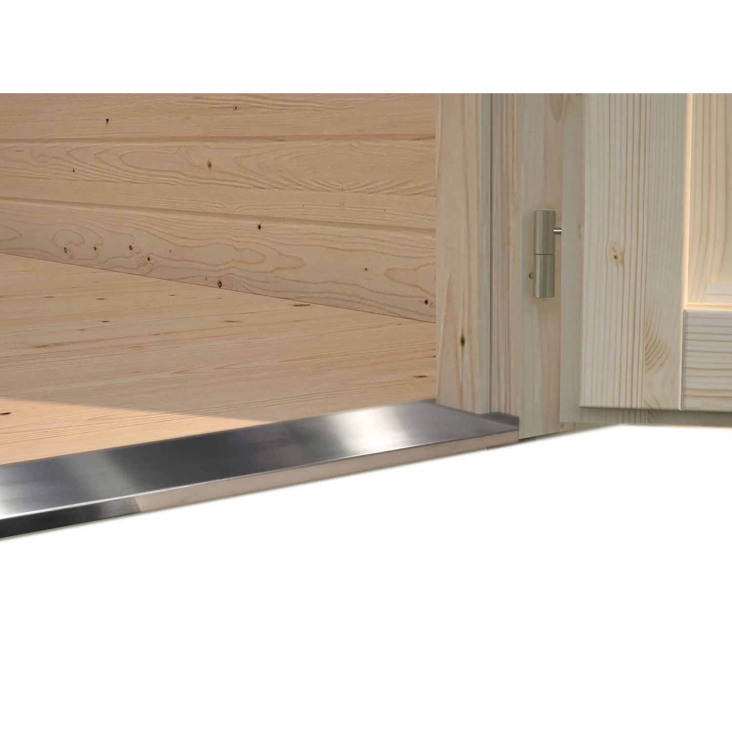 Detailaufnahme: Eingangsbereich Palmako Ella Holz-Gartenhaus mit Metallelement.