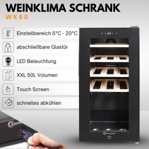 Sommertal Weinkühler WK50 mit Glastür, 50L Fassungsvermögen und Holzböden.