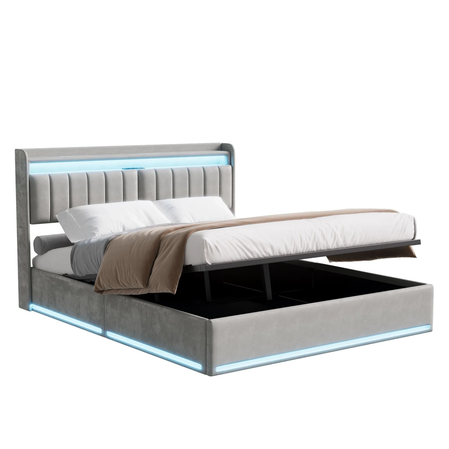 PXloue Doppelbett Polsterbett Grau mit Stauraum Leinen 160x200cm