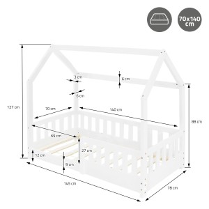 Weißes ML-Design Kinderbett 70x140 cm mit Rausfallschutz und Lattenrost, Hausbett mit Maßen.