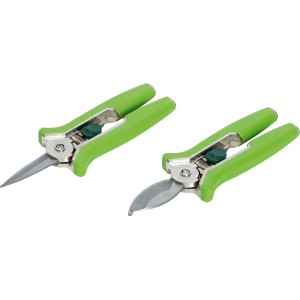 2-teiliges Feinschnittscheren-Set mit grünen Griffen und Edelstahlklingen für filigrane Gartenarbeit.