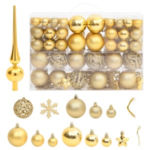 Goldenes 111-tlg. Weihnachtskugel-Set mit Christbaumspitze, Kugeln, Sternen und Schneeflocken.