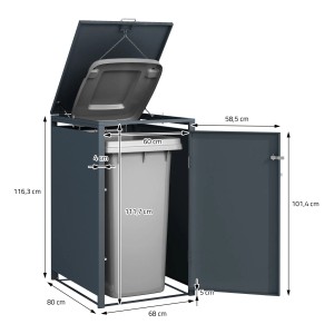 ML-Design Mülltonnenbox für 240L Tonne, anthrazitfarben mit Lärchenoptik, mit geöffneter Tür und Größenangaben.