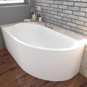 Weiße Bad Land Eckbadewanne MIKI 140x70 mit Acrylschürze und Füßen.