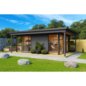 Carbongraues Lasita Gartenhaus Domeo 3 Loggia mit Schiebetüren und überdachter Terrasse.