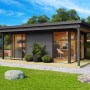 Carbongraues Lasita Gartenhaus Domeo 3 Loggia mit Schiebetüren und überdachter Terrasse.