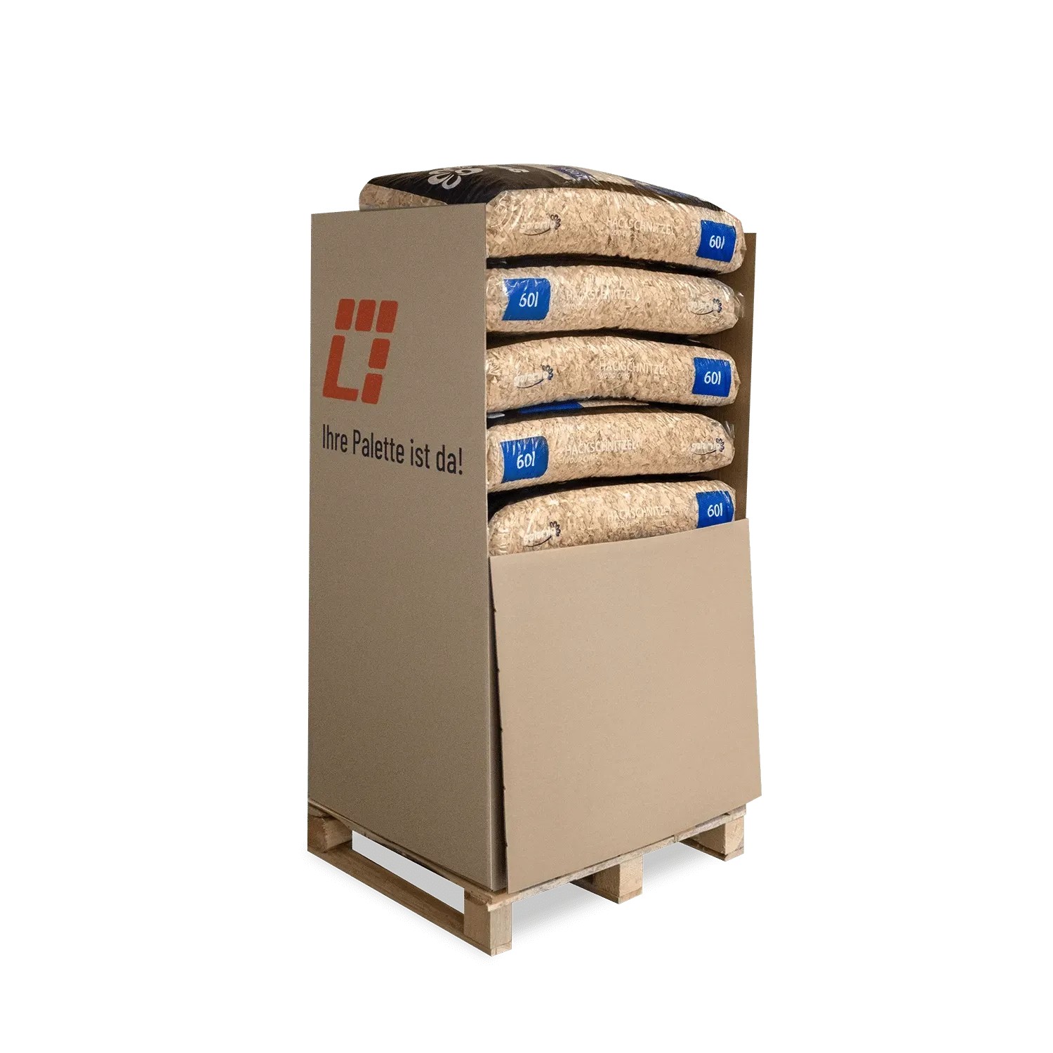 Palette mit Galamio Holzhackschnitzel Fallschutz, 13 Säcke à 60l, Kiefernholz.