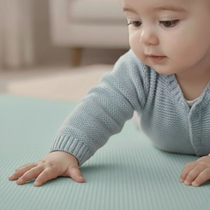 Ein Baby krabbelt auf einer mintfarbenen LittleTom Spielmatte mit strukturierter Oberfläche. Ideal als Krabbelmatte für Kindersicherheit.