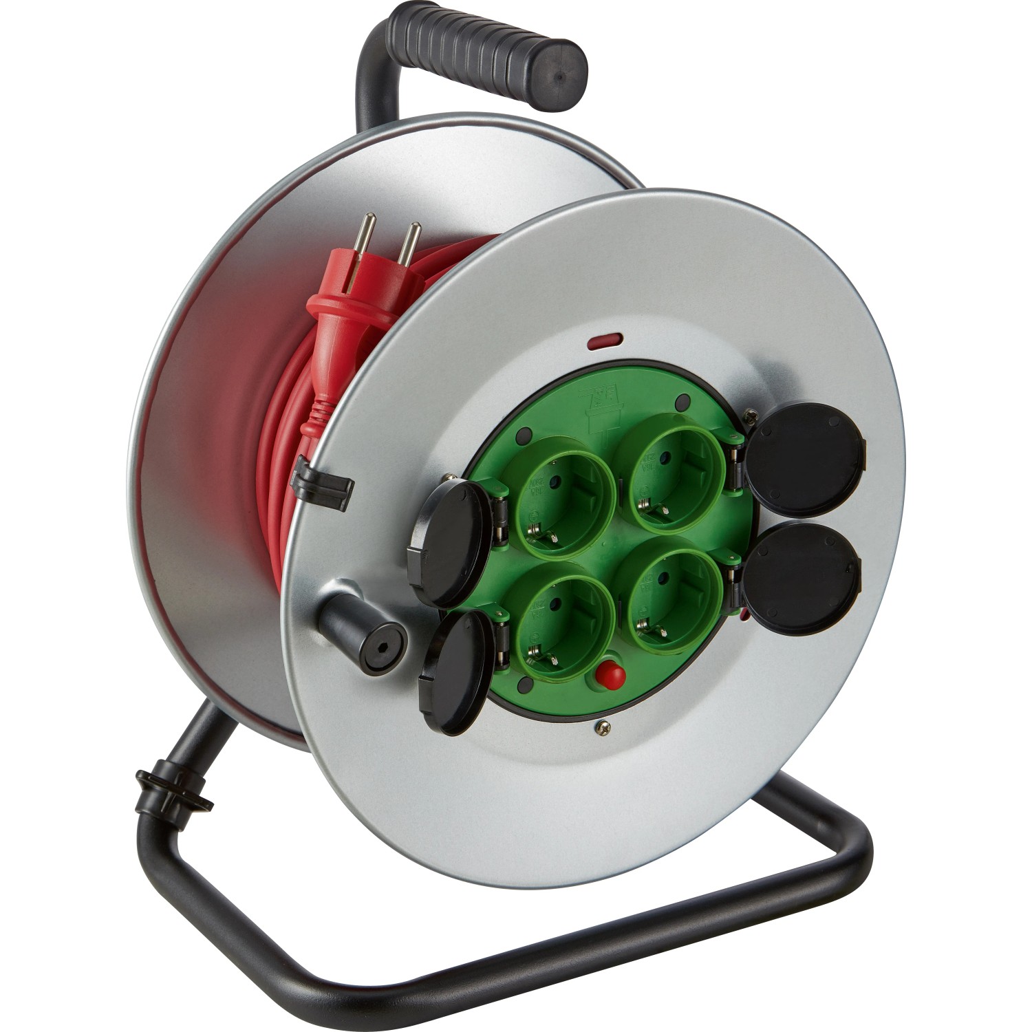 Kabeltrommel mit 4 Steckdosen, 25 m Gummikabel für den Außenbereich.