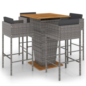 Graues 5-tlg. Gartenbar-Set aus Rattan mit Holztischplatte und Kissen für Garten oder Terrasse.