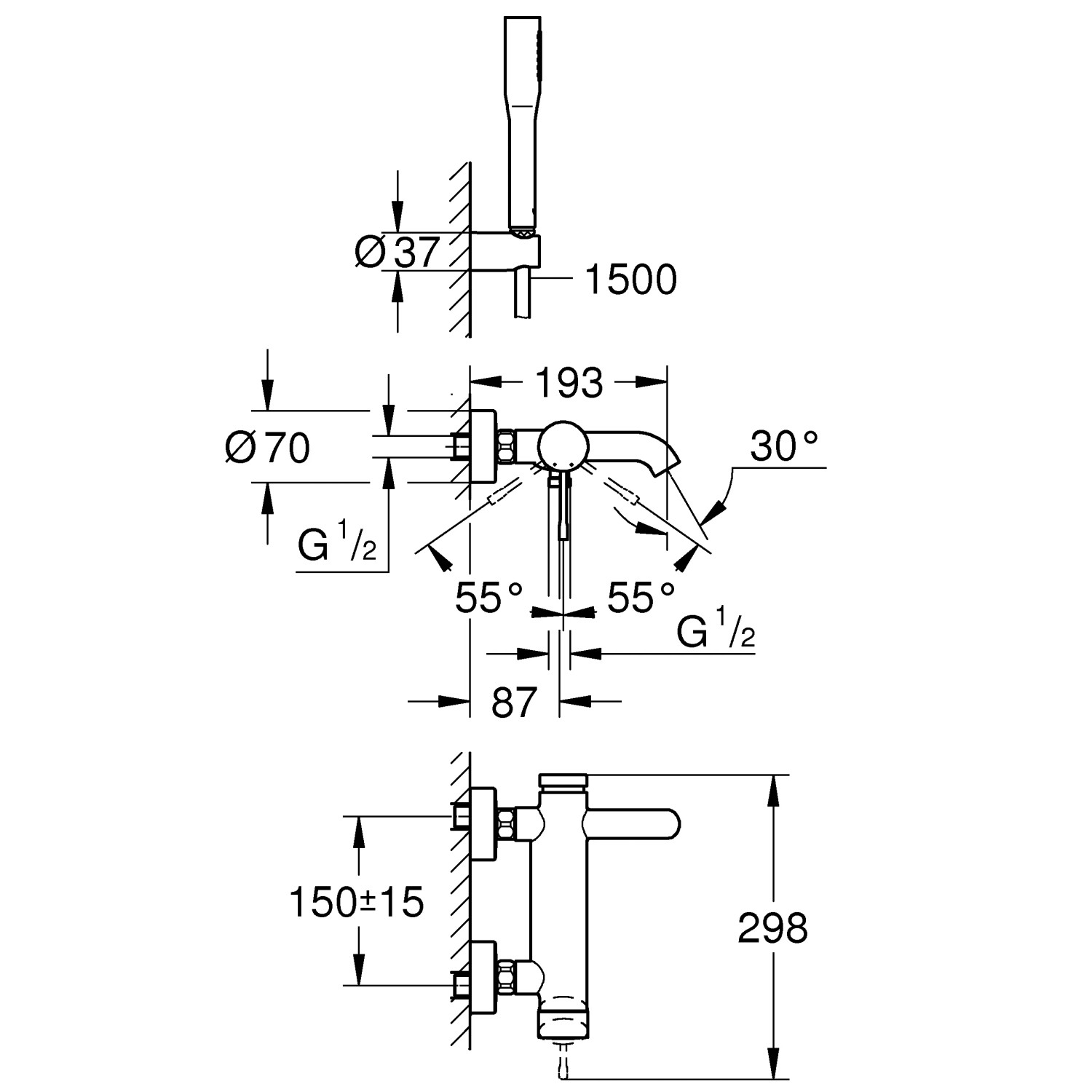 Technische Zeichnung: Grohe Essence Einhand-Wannenbatterie, Chrom, Maße und Details.