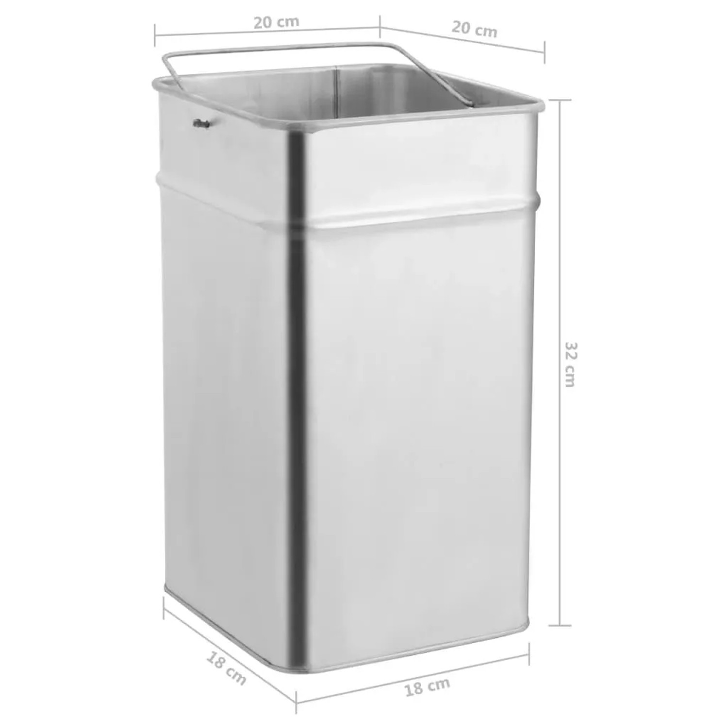Rechteckiger, silberner Inneneimer aus Metall mit Griff, 20x20x32cm, für Mülleimer oder Standaschenbecher. Haushaltshelfer.