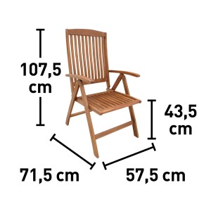 Klappsessel Greenville aus FSC®-Holz mit verstellbarer Lehne und Maßangaben.