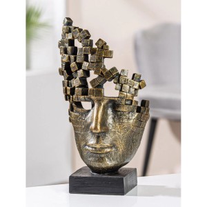 Dekorative Gilde Skulptur Male Mask aus bronzefarbenem Kunstharz, zerfallend in Würfel, 30 cm, auf schwarzer Base.