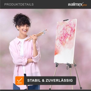 Walimex Pro Aluminium Feldstaffelei Stativ mit Leinwand und pinkem Gemälde, daneben lachende Frau mit Pinseln.