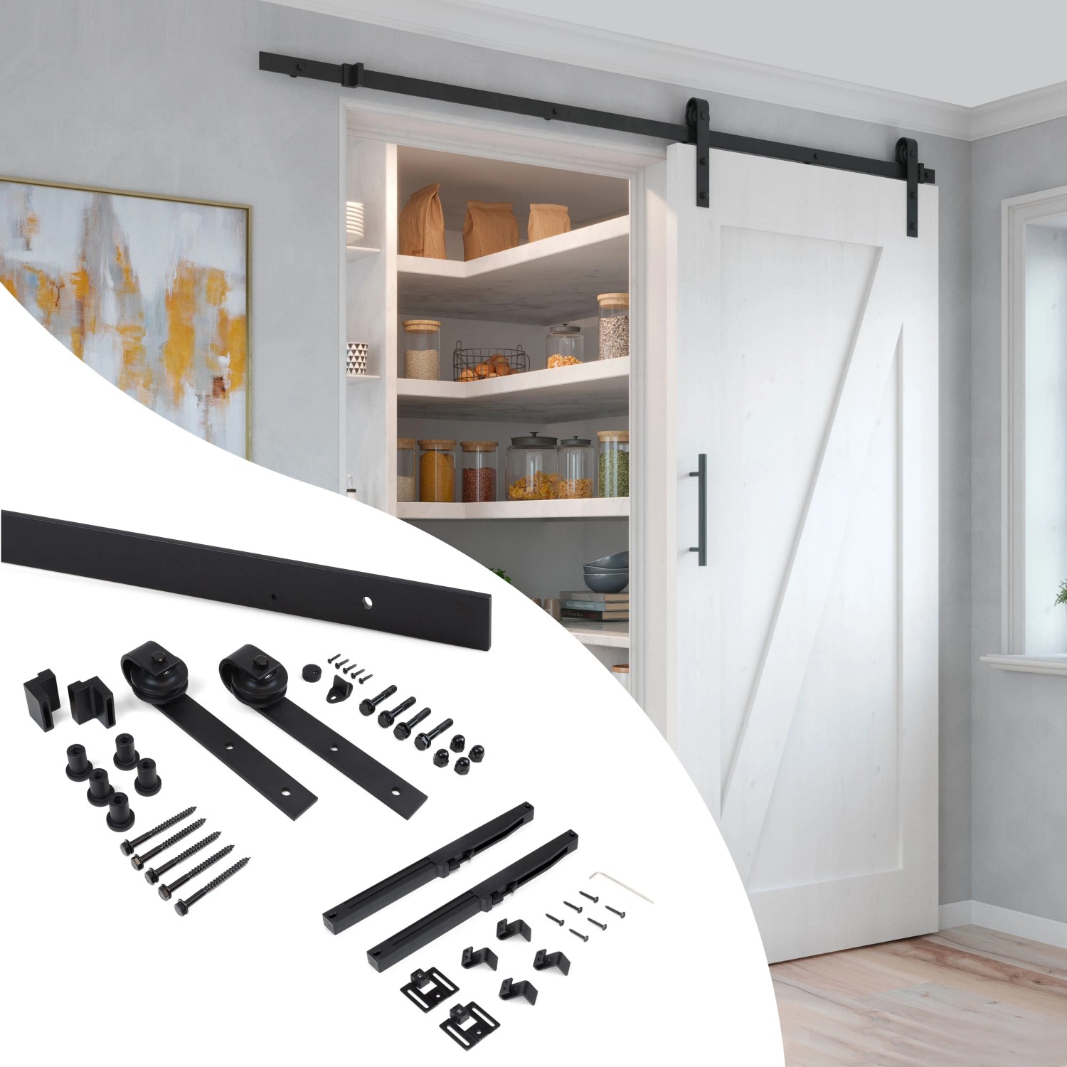 Emuca Set aus Hardware-Set für eine Barn Holz Hänge-Schiebetür ohne Soft-Close ohne Bretter Stahl und Kunststoff Schwarz Lackiert
