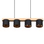 Moderne 4-flammige Pendelleuchte Cameron mit Holz und schwarz-goldenen Lampenschirmen.