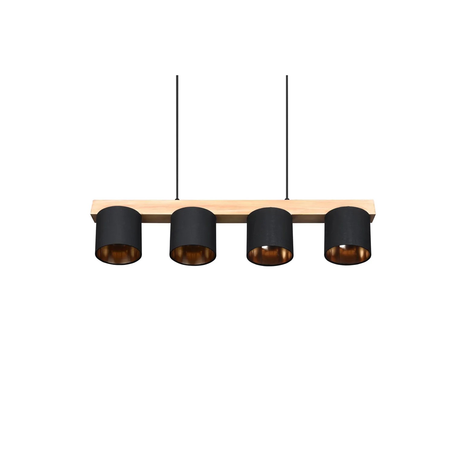 Moderne 4-flammige Pendelleuchte Cameron mit Holz und schwarz-goldenen Lampenschirmen.