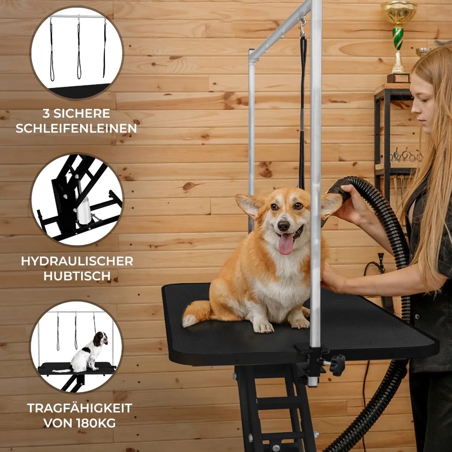Schwarzer, hydraulischer Pflegetisch mit Hund und verstellbarer H-Stange für die Hundefellpflege.