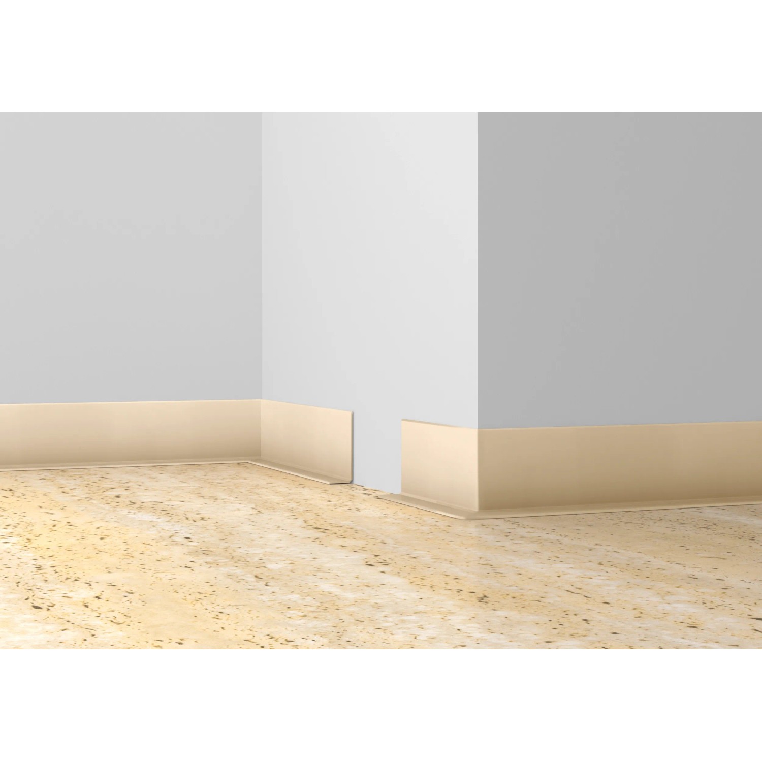 Esche graue, selbstklebende Knickwinkel Sockelleiste (48x13mm, 10m) an Wand und Ecke.