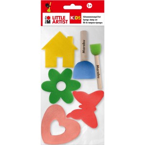 Marabu KiDS Schwammstempel-Set mit Stupfpinseln und bunten Schwammformen (Haus, Blume, Schmetterling, Herz).