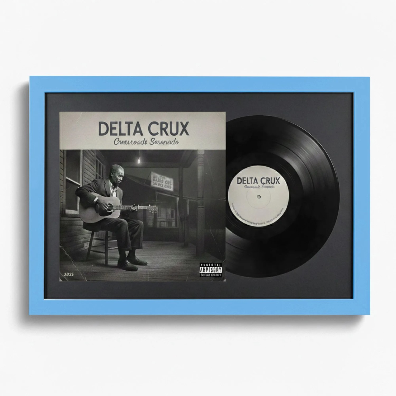 K-Möbel Schallplatten Rahmen Blau 40x60cm mit Schwarzem Passepartout für Vinyl & Cover