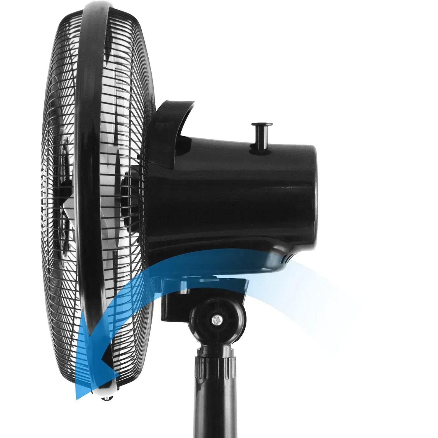 Detailansicht des schwarzen Emerion Tischventilators (30 cm) mit verstellbarem Winkel.