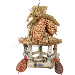 Esschert Futterhaus aus Stroh mit Futter, 39x28x28cm, hell. Vogelhaus mit Erdnüssen und Meisenknödel.