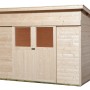 Unbehandeltes Weka Holz-Gartenhaus Turin mit Pultdach, 295x335 cm. Gartenhaus mit Doppeltür und zwei Fenstern.