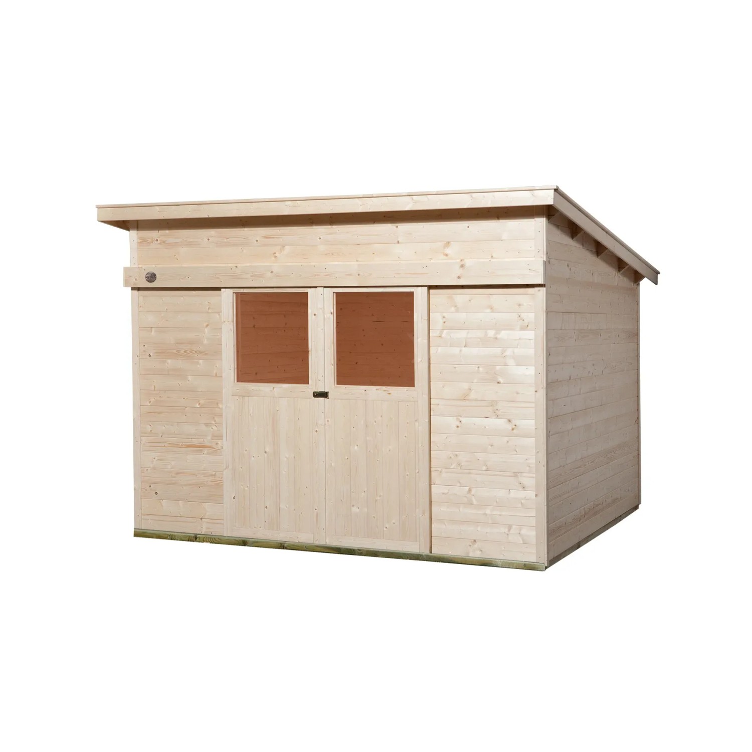 Unbehandeltes Weka Holz-Gartenhaus Turin mit Pultdach, 295x335 cm. Gartenhaus mit Doppeltür und zwei Fenstern.