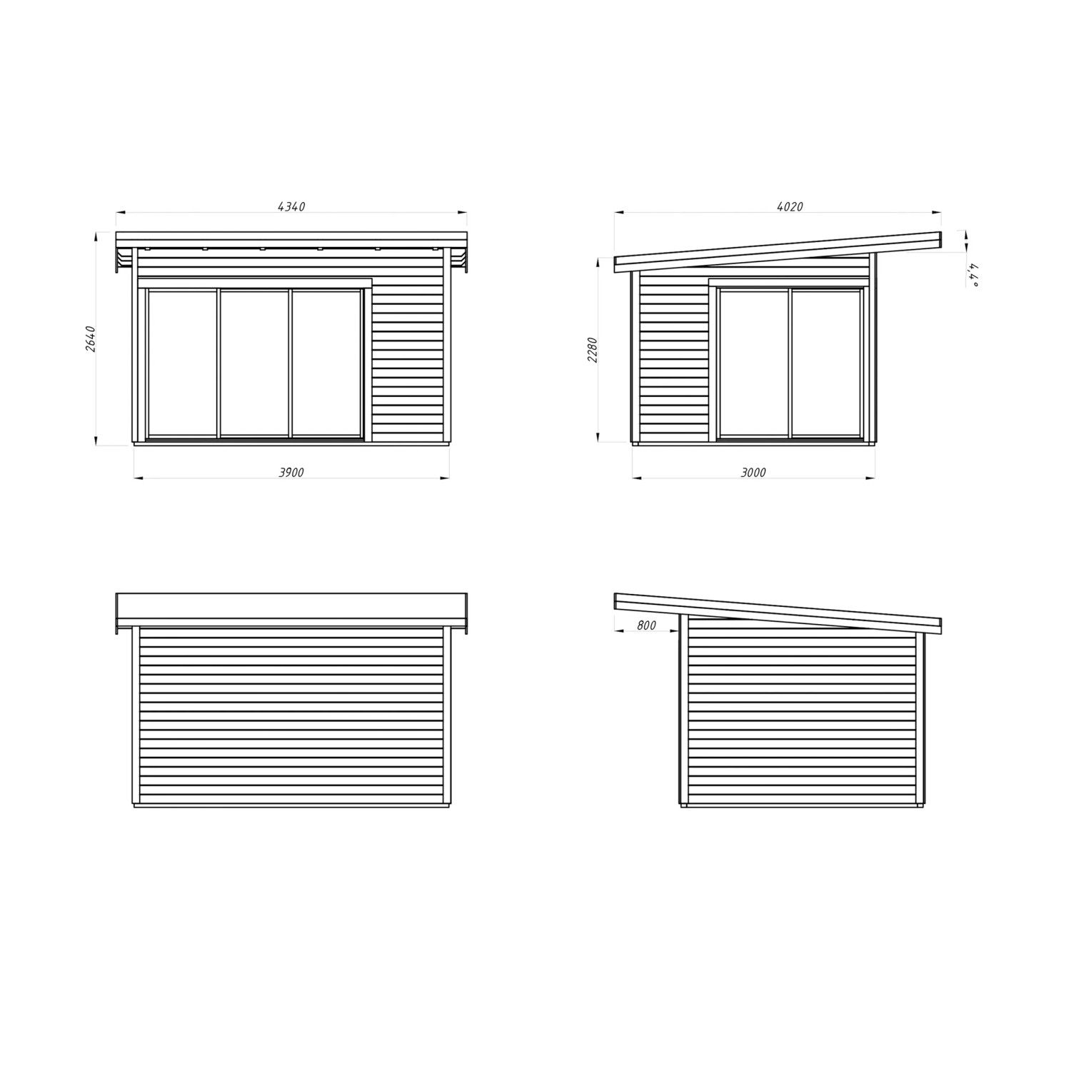 Technische Zeichnung Palmako Gartenhaus Andrea Slide, naturbelassen, mit Maßen.
