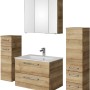 Pelipal Badmöbelset Trentino Riviera Eiche: Waschtisch, Unterschrank, Spiegelschrank, Kranzleuchte und Beimöbel.