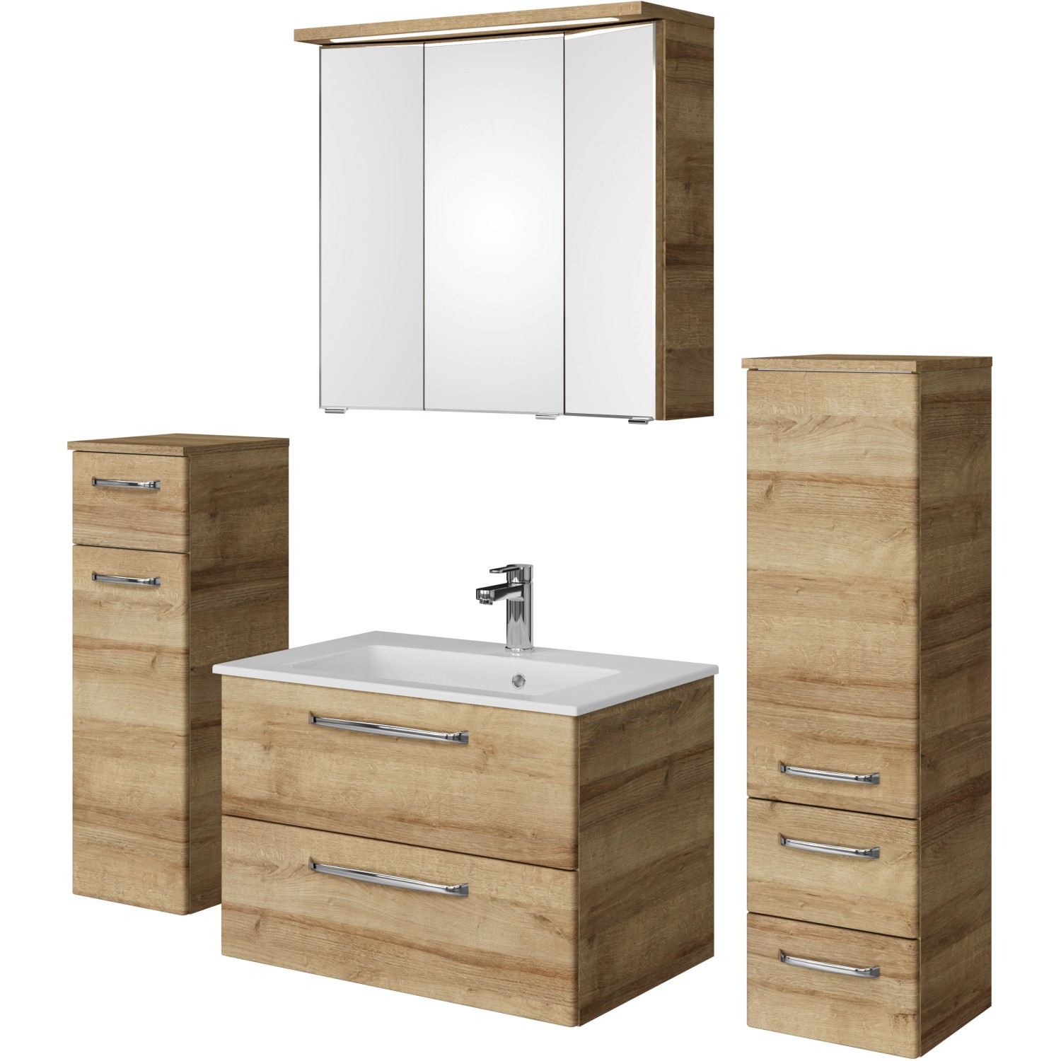 Pelipal Badmöbelset Trentino Riviera Eiche: Waschtisch, Unterschrank, Spiegelschrank, Kranzleuchte und Beimöbel.
